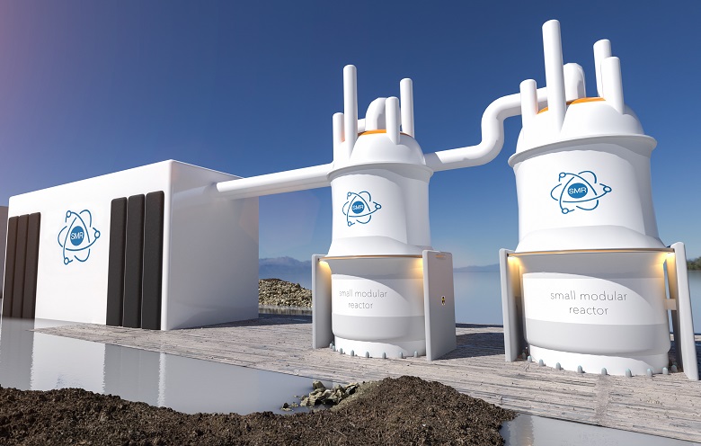 Centrale nucléaire modulaire de petite taille (SMR) par temps ensoleillé. Rendu 3D.