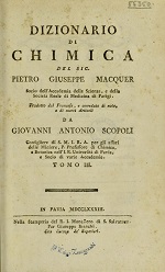 Couverture Dictionnaire de chimie de Pierre Joseph Macquer (1718-1784) traduction en itialien de G. Scopoli
